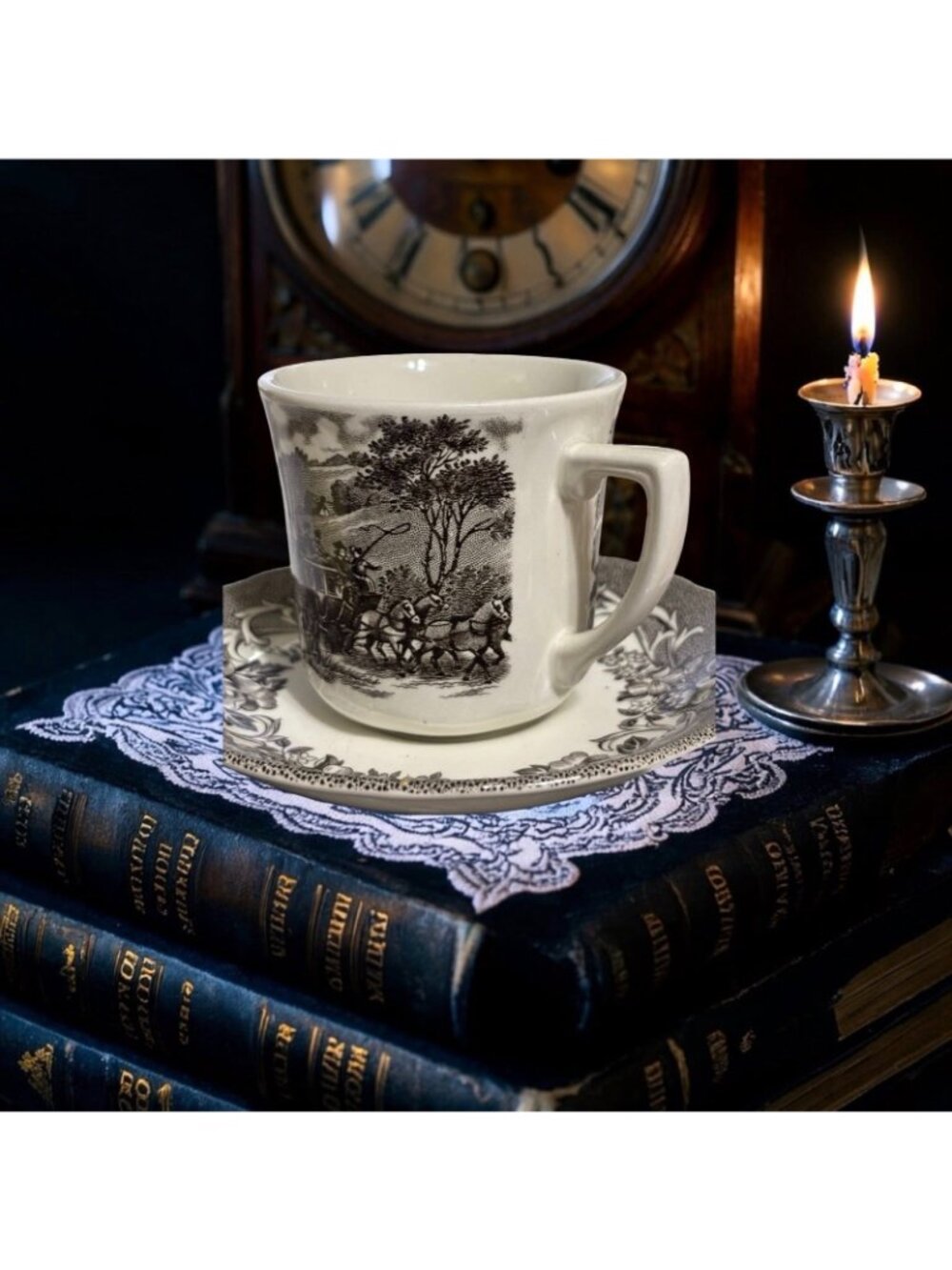 Antique J&G Meakin Stratford Stage Transferware Teacup & Saucer | Black Stafford - Picture 2 of 7
